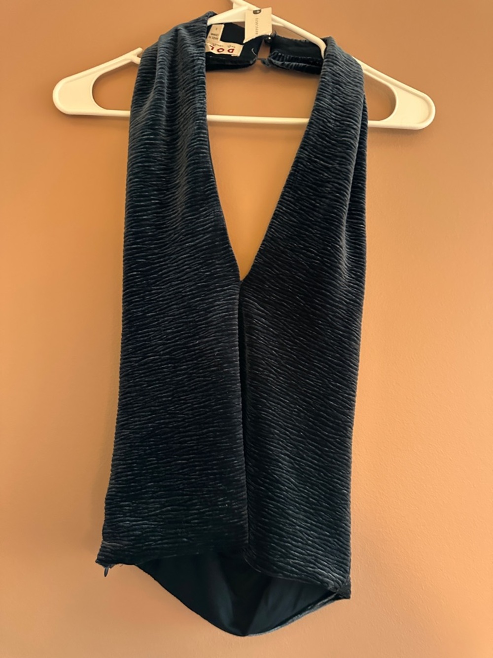 dolan Blue Velvet-Textured Deep V Halter Camisole